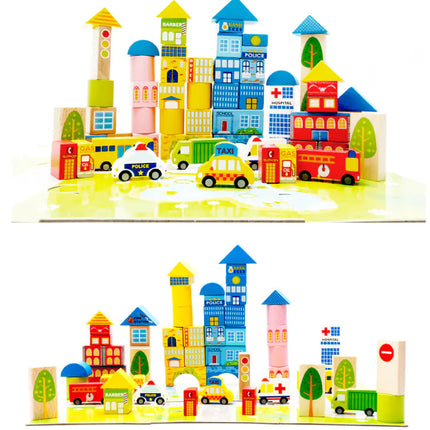 62-Piece City Traffic Wooden Building Blocks Set