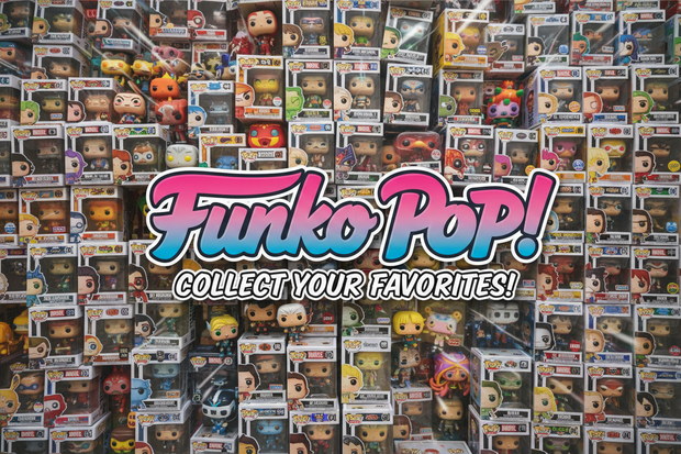 make an image with a bunch of funko pops all in the background with the text funko pop! in the middle