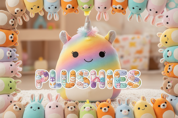 Plushies all around the picture with a big cute plushie in the middle with the text plushies in the middle out of plushies